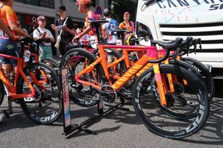 A range of orange Canyon bikes