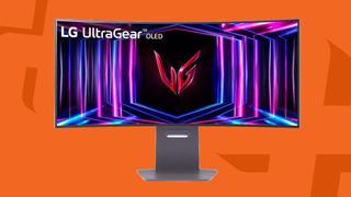 LG 45GS95QE gaming monitor on an orange background