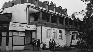 A group of young men outside the Eel Pie Island Hotel London, 28th August 1960. The Hotel, on Eel Pie Island in the River Thames at Twickenham, is the venue for a jazz club popular with teenagers.