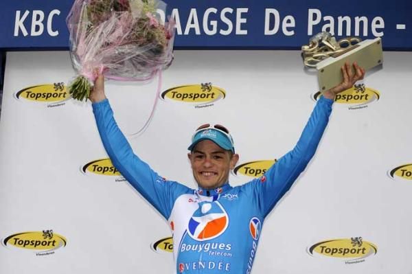 Steve Chainel (BBox Bouygues Telecom) on the podium for winning stage one.