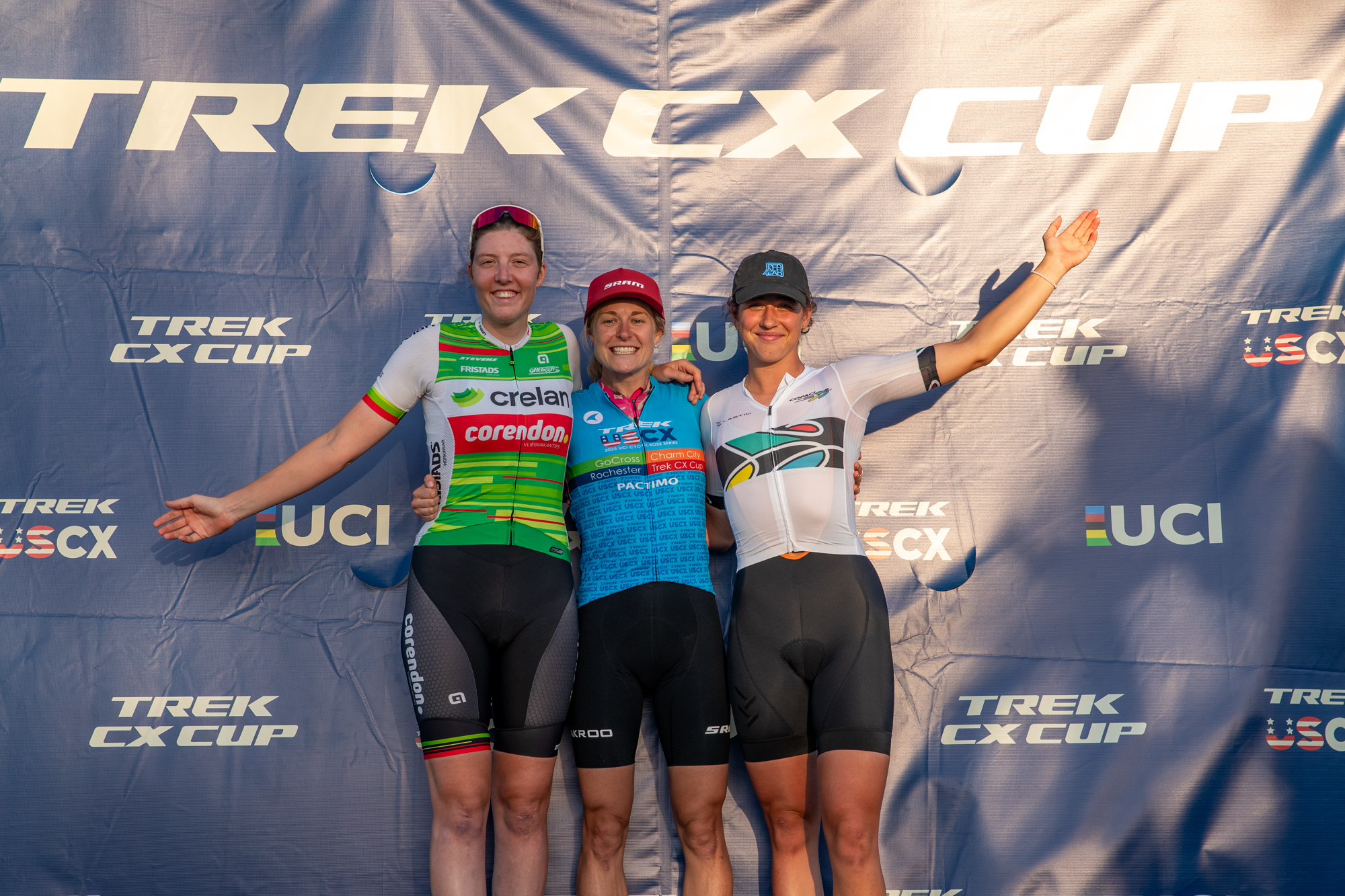 Elite women's USCX 2025 final podium (L to R): second-placed Manon Bakker (Crelan-Corendon), winner Maghalie Rochette (SRAM/Seeker) and third-placed Sidney McGill (Lastig Off-Road Racing)