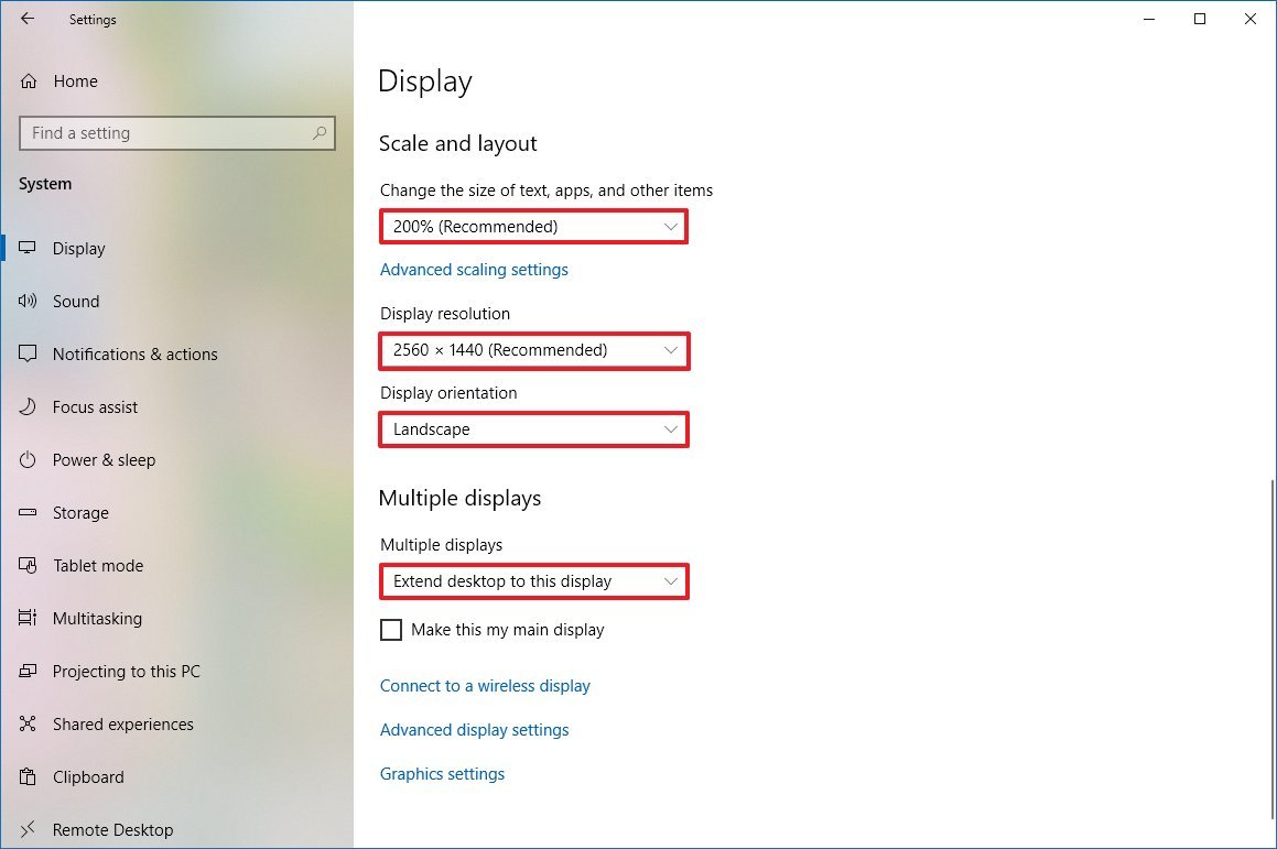 Wireless display resolution, scale, orientation settings