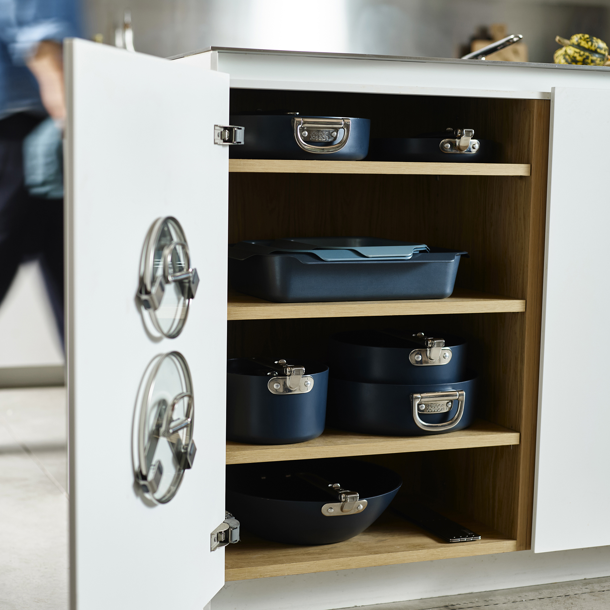 Joseph Joseph pans in cupboard