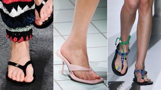 Three different models wearing flip flops, one of the big shoe trends 2024