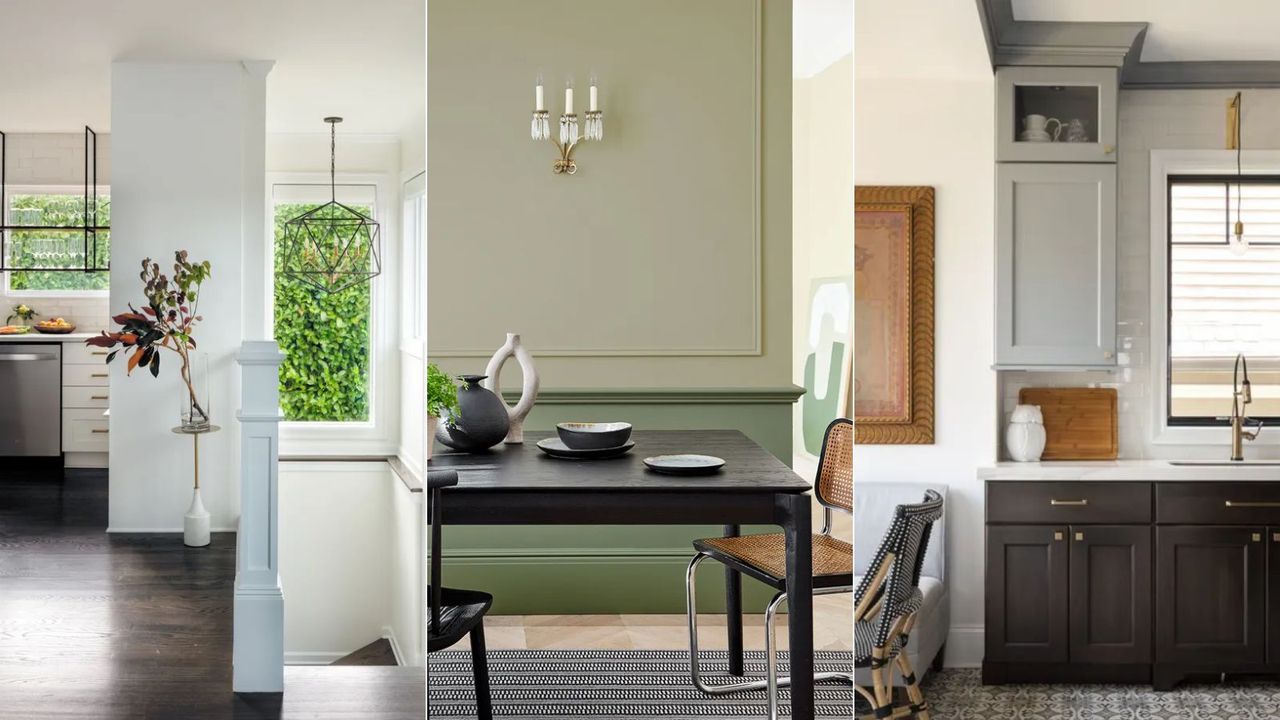 white kitchen, green dining room, gray and black kitchen cabinets