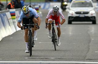 Wout Van Aert (Belgium) sprinting for the silver medal at Imola Worlds