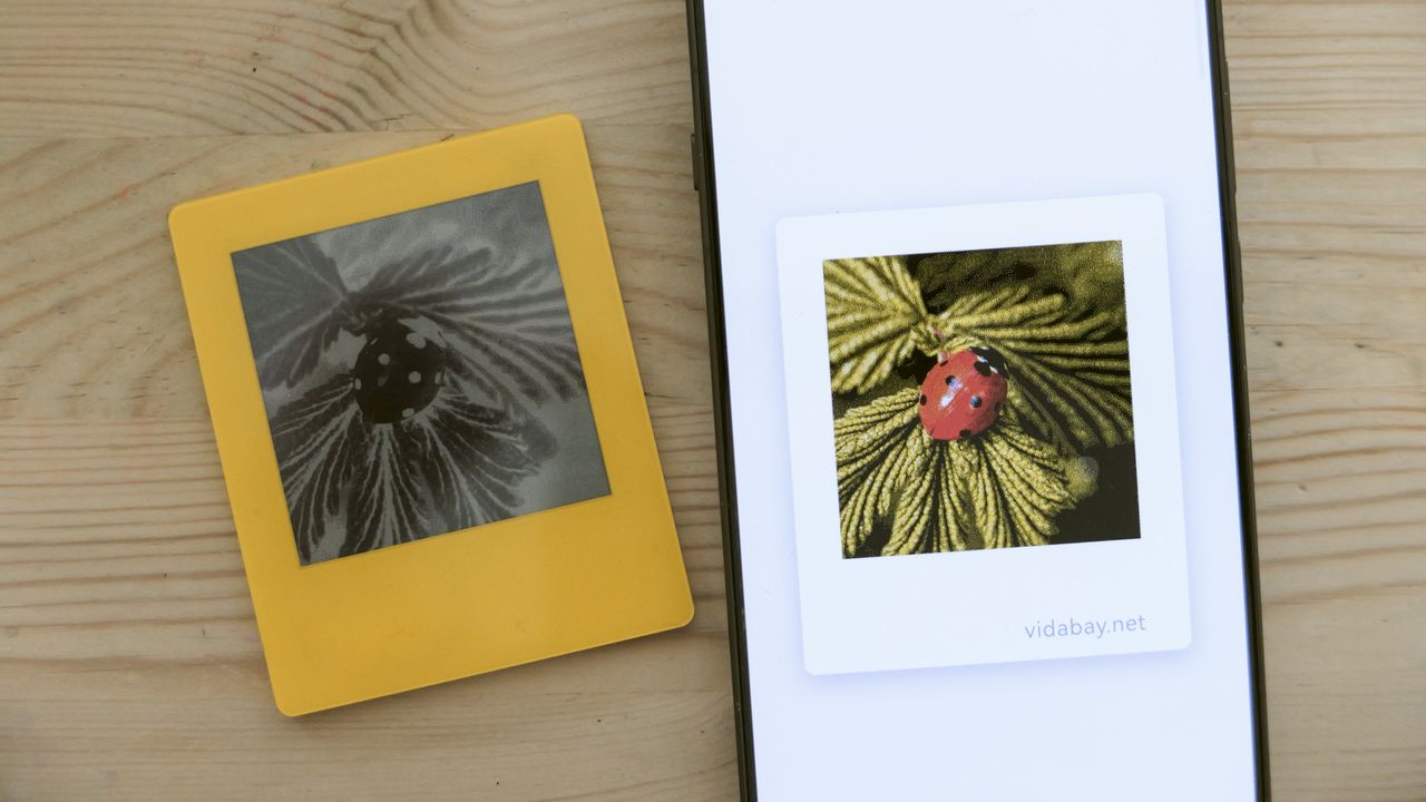 Vidabay Snap E Ink Polaroid-like frame laid on a table alongside a smartphone with the Vidabay app on display