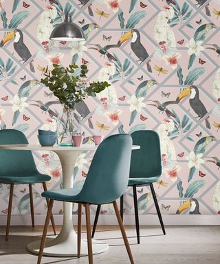 dining room with tropical wallpaper and dining table