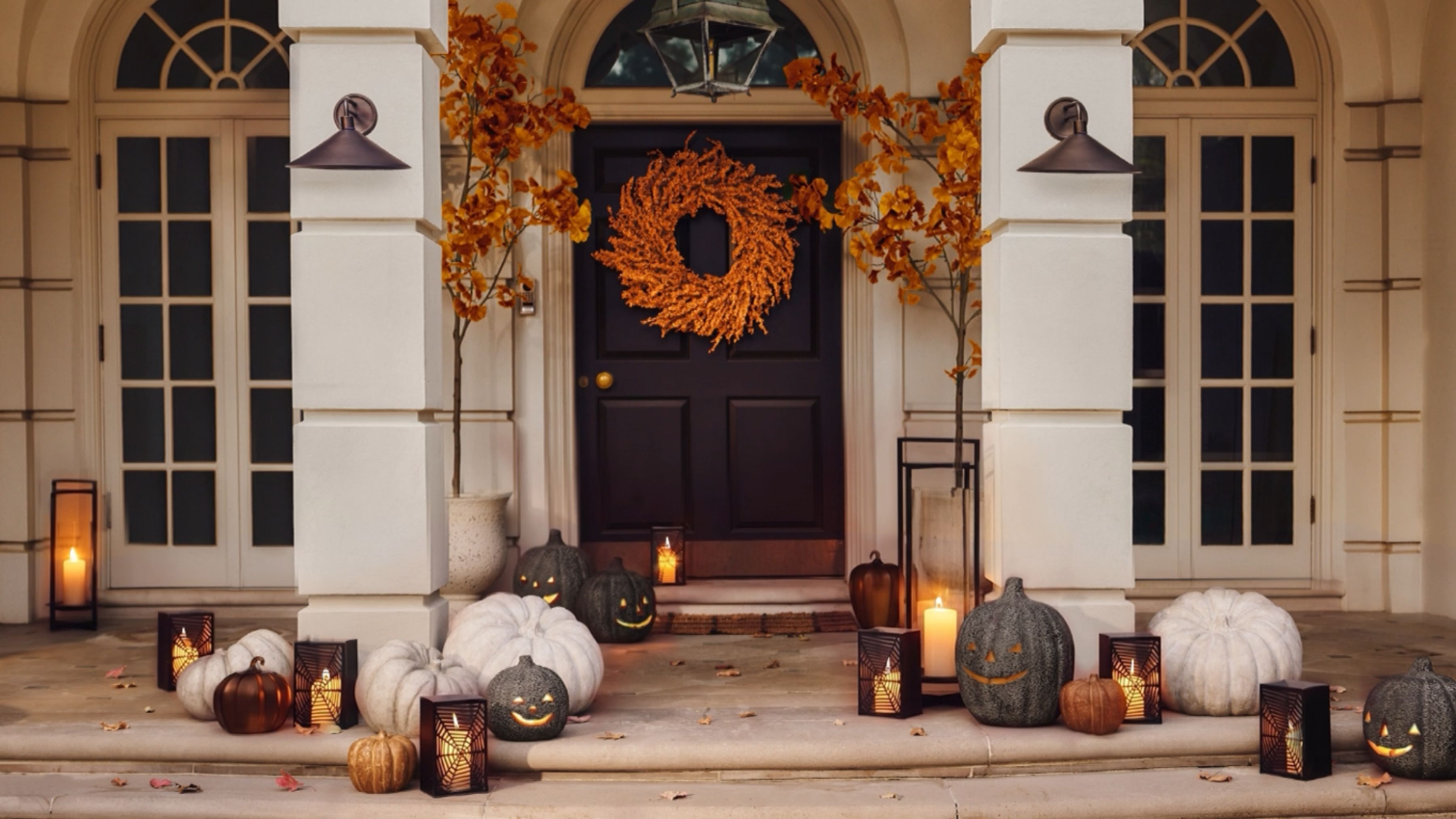 Festive Halloween porch featuring clusters of stone pumpkins, jack-o'-lanterns, pillar candles, and fall foliage flanking the front door. 
