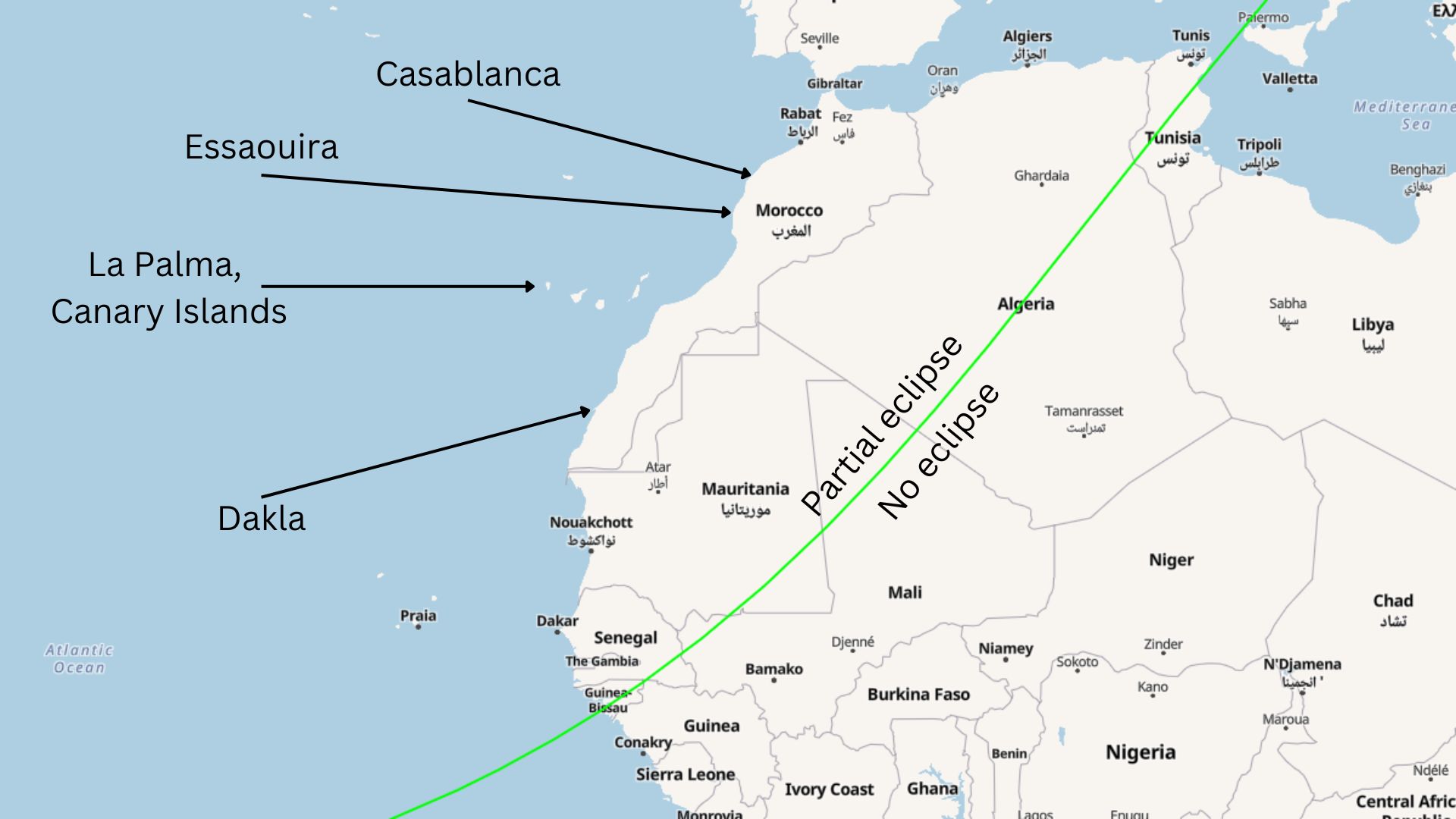 Map showing where the partial solar eclipse will be visible over Africa.