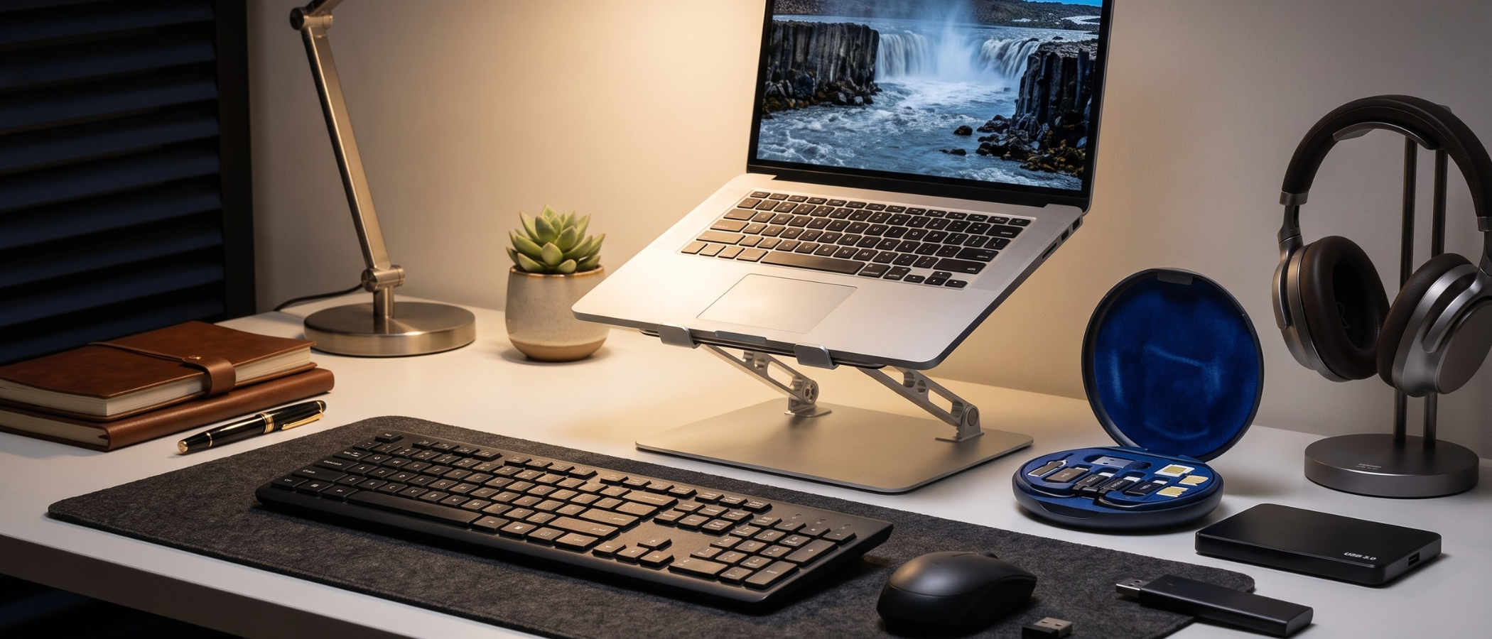 A selection of essential budget tech on a desk in a home office