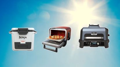 Ninja outdoor accessories including a cooler, pizza oven, and grill on a sunny blue sky background