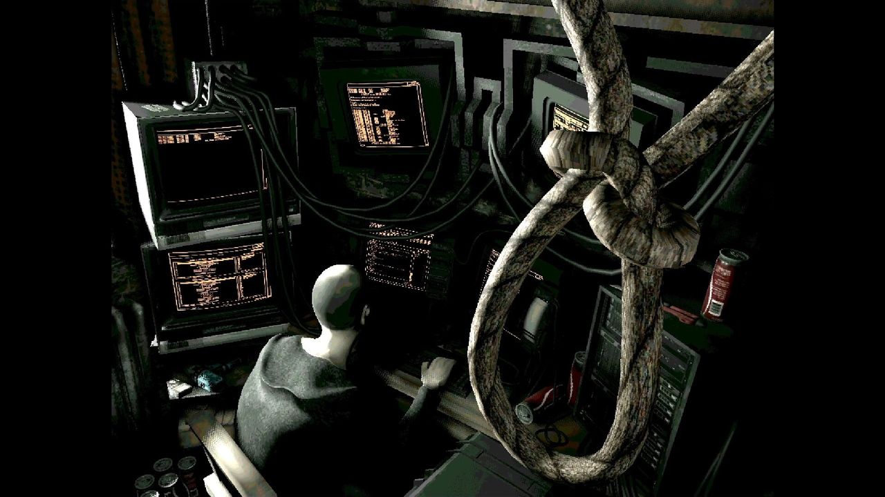 Image from horror game split by Mike Klubnika of a glowing orange computer terminal in a grungy room.