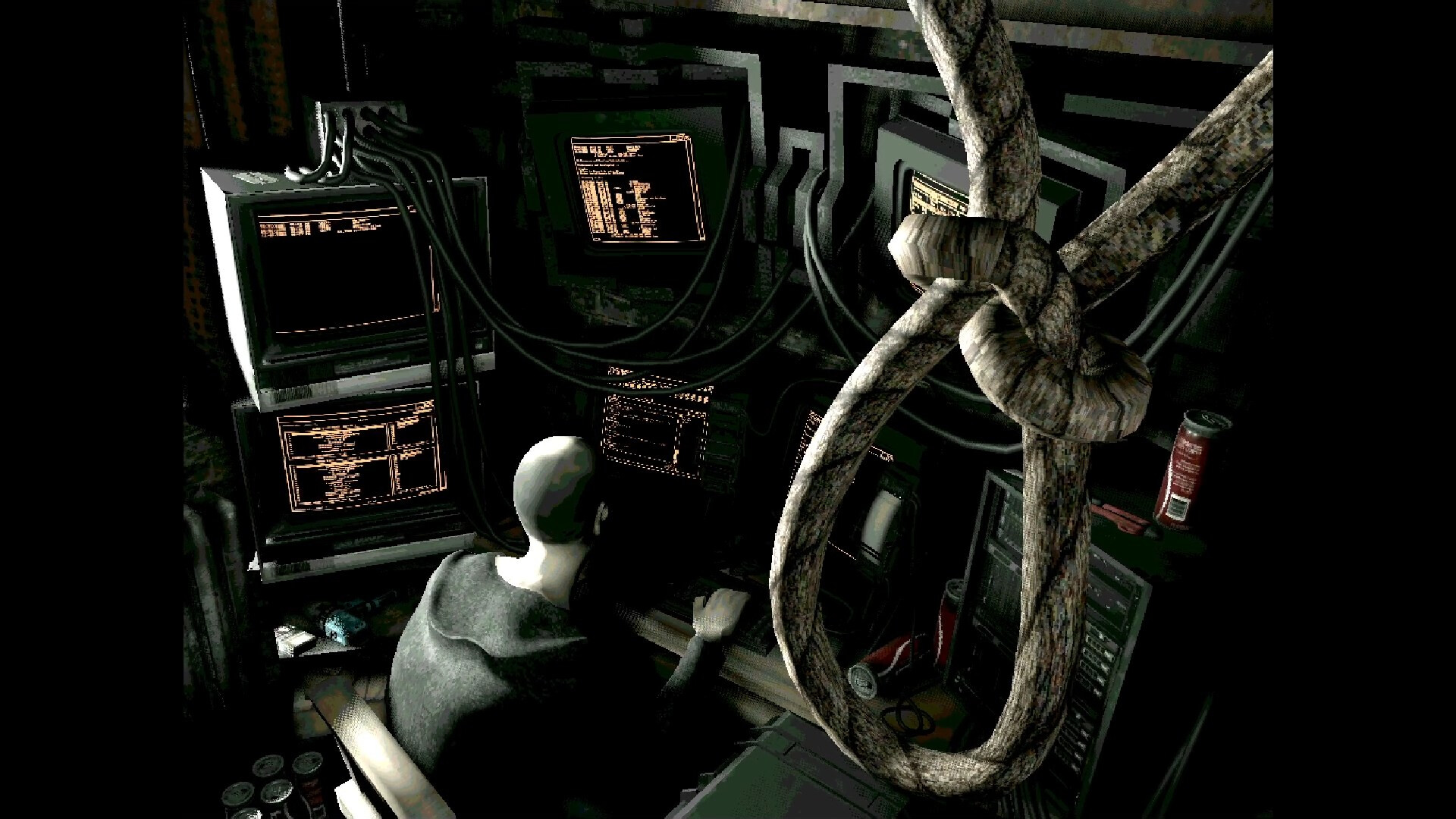 Image from horror game split by Mike Klubnika of a glowing orange computer terminal in a grungy room.
