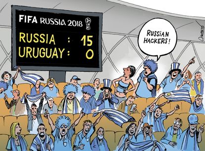 Editorial Cartoon World FIFA World Cup Russia Uruguay Russian hackers