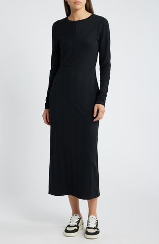 Directional Rib Long Sleeve Cotton Blend Knit Dress