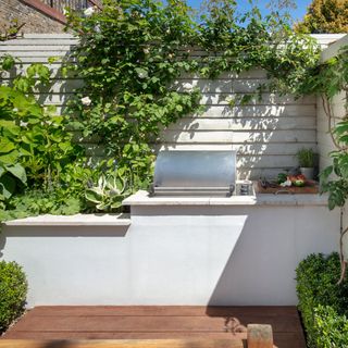 outdoor kitchen in garden decking area with plant