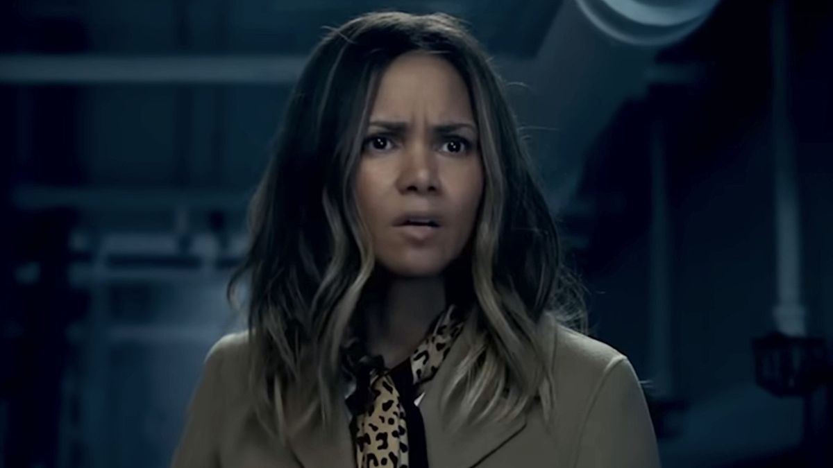 Halle Berry&#039;s Jo looking worried while inside a room filled with pipes in Moonfall