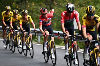ALTU DE LANGLIRU SPAIN SEPTEMBER 13 Sepp Kuss of The United States and Team JumboVisma Red Leader Jersey competes during the 78th Tour of Spain 2023 Stage 17 a 1244km stage from Ribadesella Ribeseya to Altu de LAngliru 1555m UCIWT on September 13 2023 in Altu de LAngliru Spain Photo by Tim de WaeleGetty Images