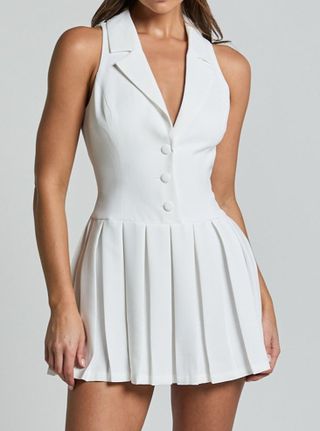 Hannah Mini Dress - Tailored Button Down Pleated Mini Dress in White