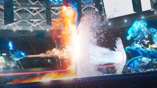 A screenshot from the cinematic reveal trailer for Pokemon Champions, showing a Mega Charizard X and Terastalized Dondozo fighting.