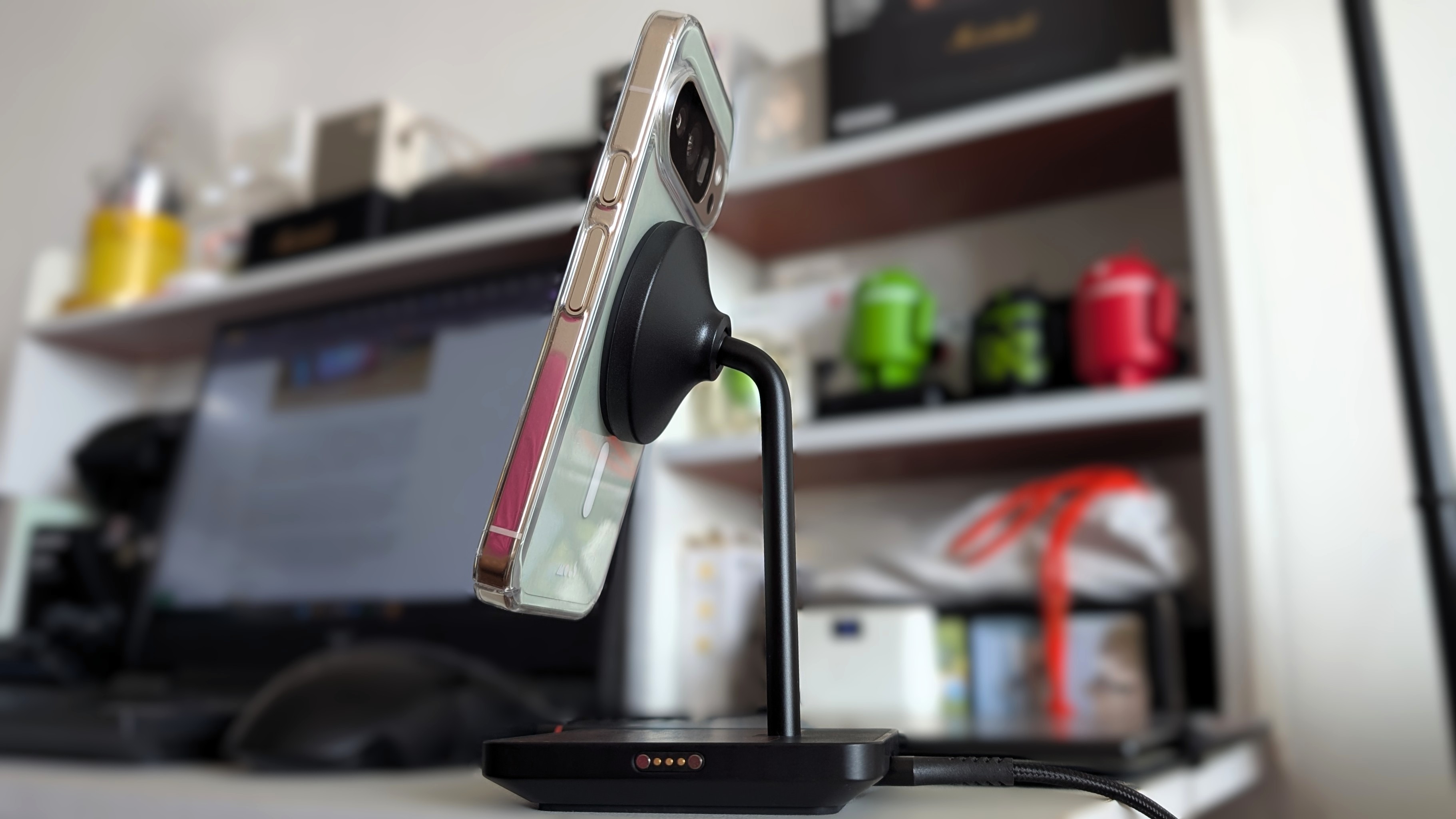 Google Pixel 10 Pro on a magnetic Mous Charging Stand with Qi2.