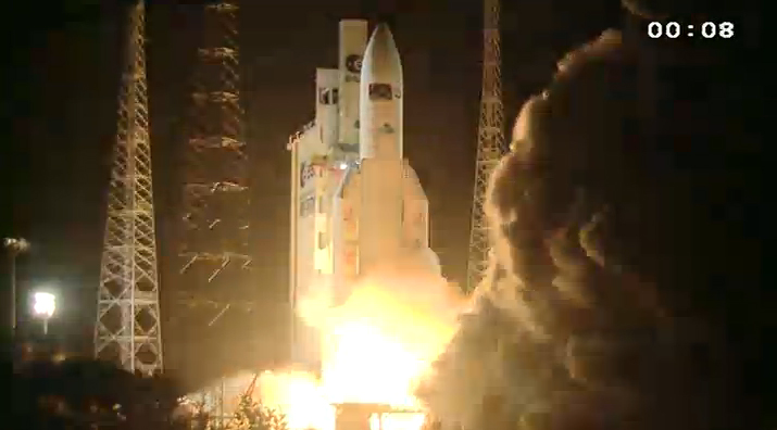 An Ariane 5 rocket launches the unmanned ATV-3 Edoardo Amaldi robotic cargo ship toward the International Space Station on March 23, 2012 in a successful liftoff from Guiana Space Center in Kourou, French Guiana.