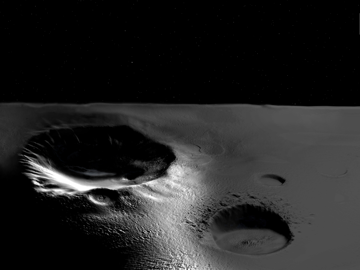Artistic depiction of water ice in the permanently shadowed regions of the moon.