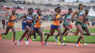 Athletes compete in the women's steeplechase 3000m final at the national trials for the World Athletics Championships at the Nyayo National Stadium in Nairobi on July 8, 2023. 