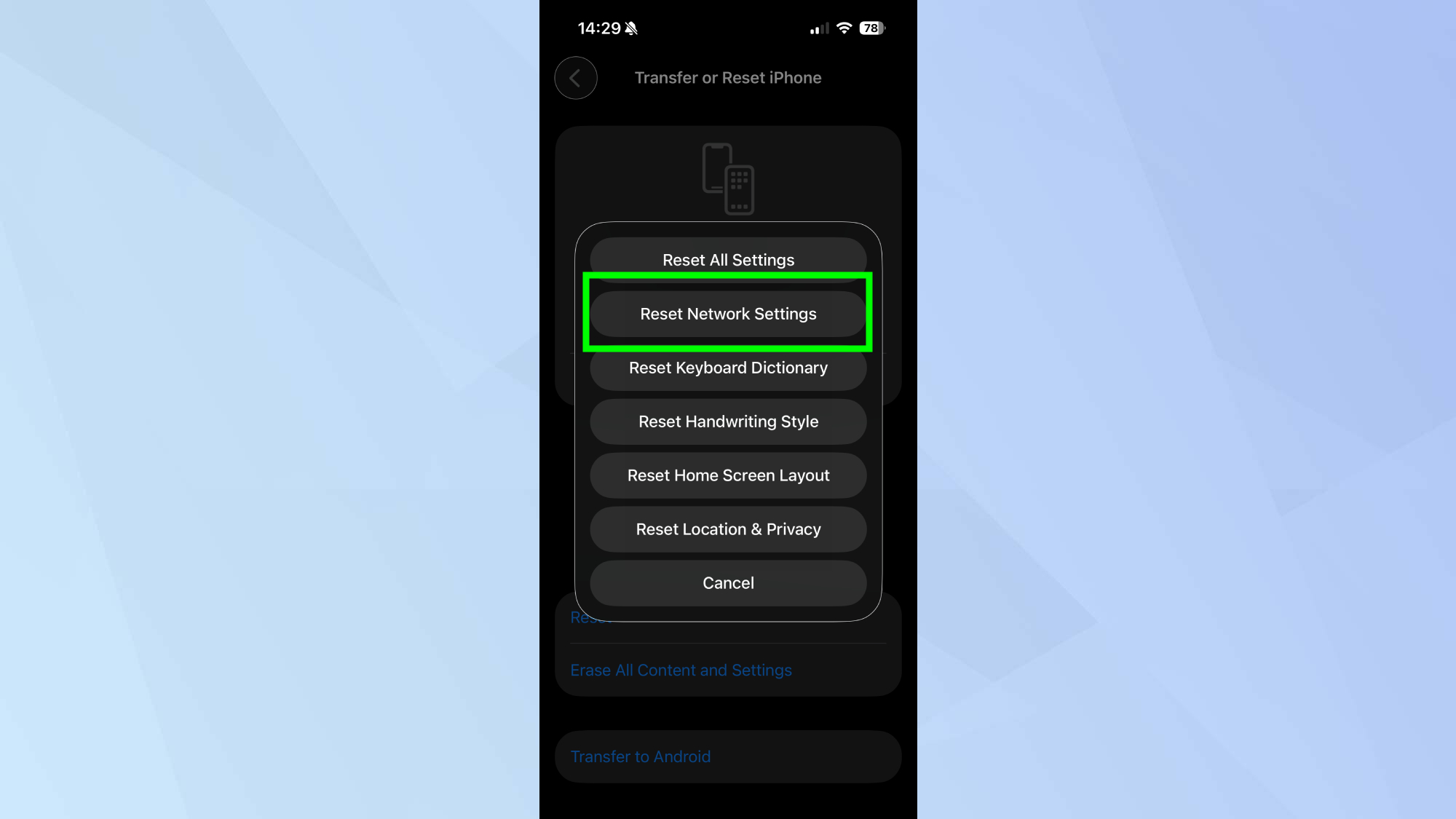 Restart Network settings on iPhone
