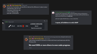 Several messages from the official Helldivers Discord, where players panic at a staggering 7% regeneration rate on a target planet.