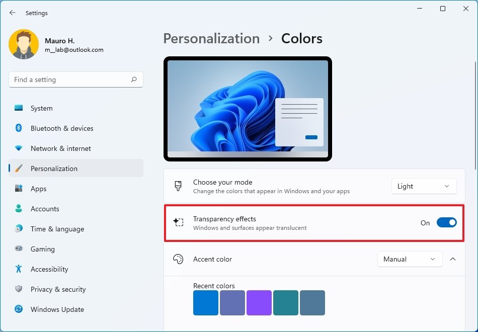 Windows 11 transparency effect