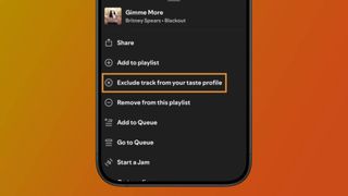 A screenshot of how to exclude an individual song from your Spotify taste profile 