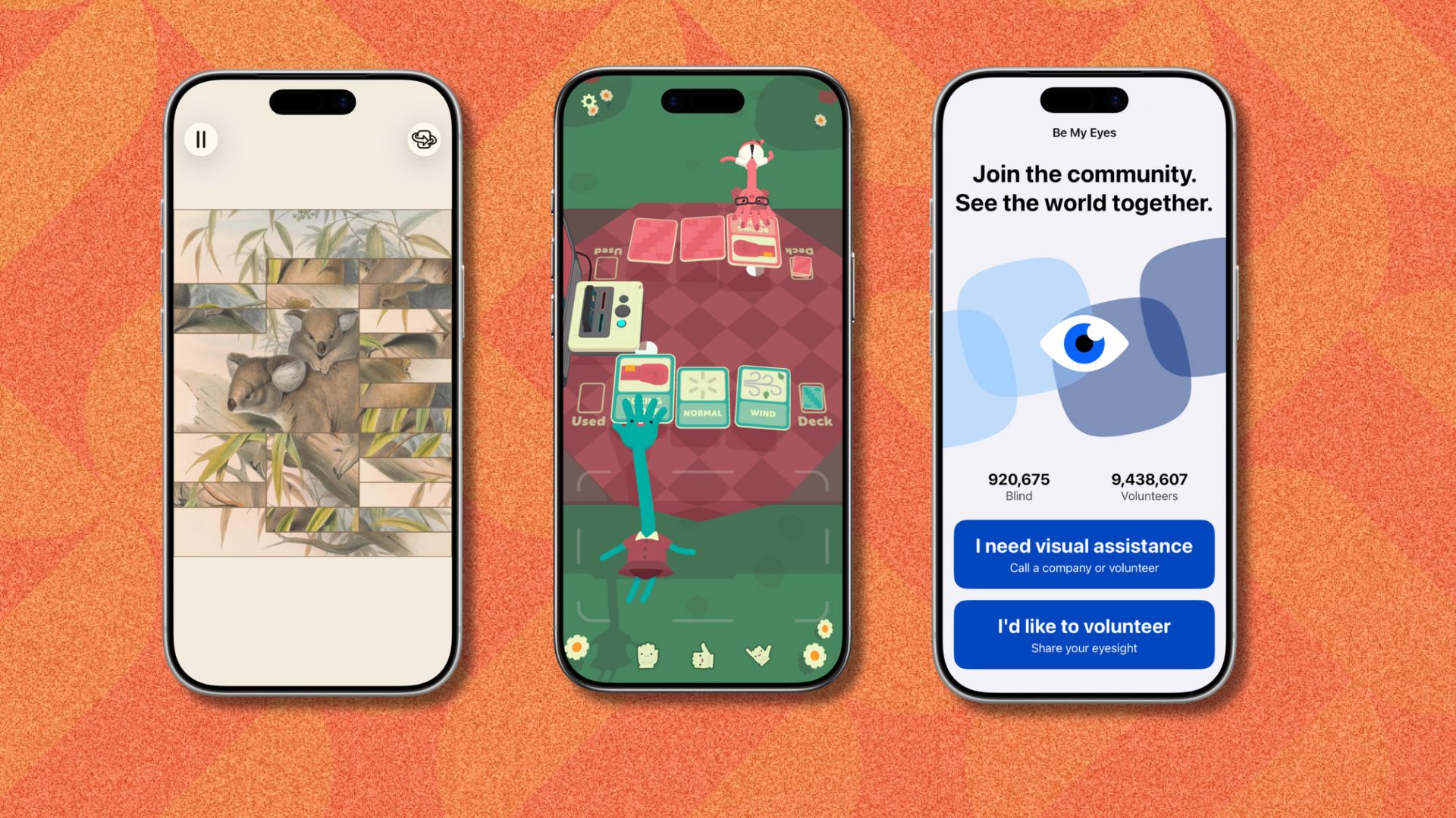 an image of three of the winning apps opened on an iphone screen against an orange patterned background