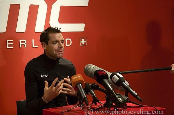 Cadel Evans speaks at the 2013 BMC team presentation