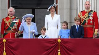 Queen Elizabeth, Prince Charles, Prince Louis, Duchess of Cambridge, Princess Charlotte, Prince George at Trooping the Colour