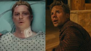 From left to right: Noah Reid as Billy in a hospital bed and Shaun Sipos as Luke looking terrified in Season 2 of Outer Range. 