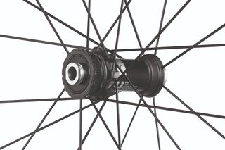 The Fulcrum Speed 42 close up of hub and spokes on a white background