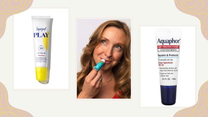 Three of the best SPF lip balms on a collage background.