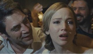 mother! Javier Bardem and Jennifer Lawrence in a chaotic crowd