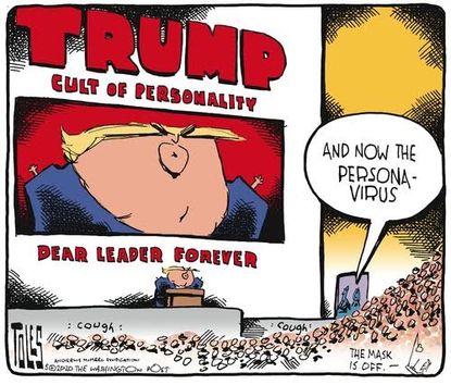 Political Cartoon U.S. Trump cult of personality coronavirus
