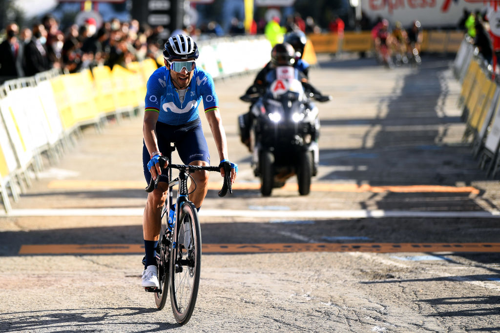 VALLTER 2000 SETCASES VALL CAMPRODON SPAIN MARCH 24 Arrival Alejandro Valverde Belmonte of Spain and Movistar Team during the 100th Volta Ciclista a Catalunya 2021 Stage 3 a 2031km stage from Canal Olmpic de Catalunya to Vallter 2000 Setcases Vall Camprodon 2125m VoltaCatalunya100 on March 24 2021 in Vallter 2000 Setcases Vall Camprodon Spain Photo by David RamosGetty Images