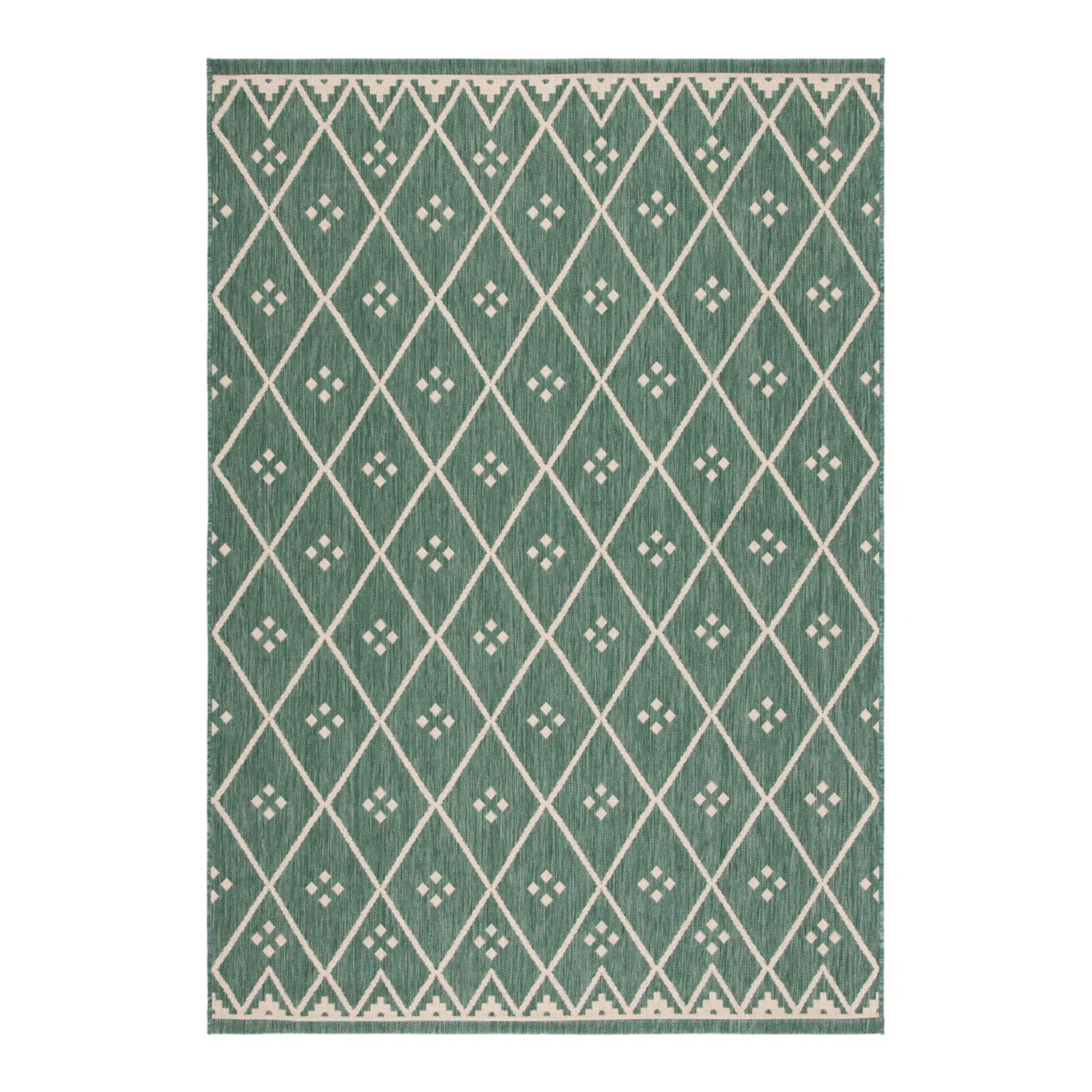 a green geometric outdoor rug