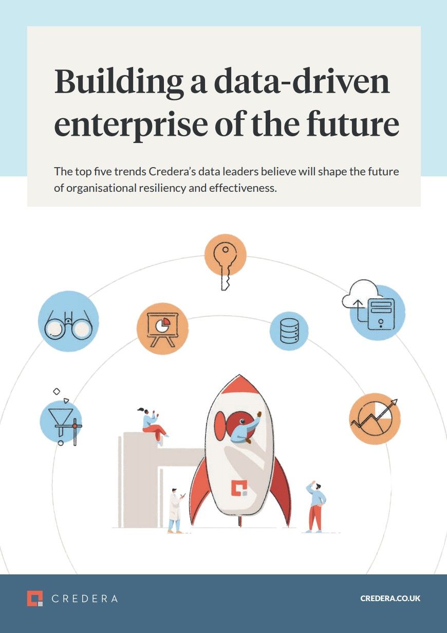 Animated people in and around a rocket ship - Building a data-driven enterprise of the future - whitepaper from Credera