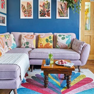 blue living room with corner sofa