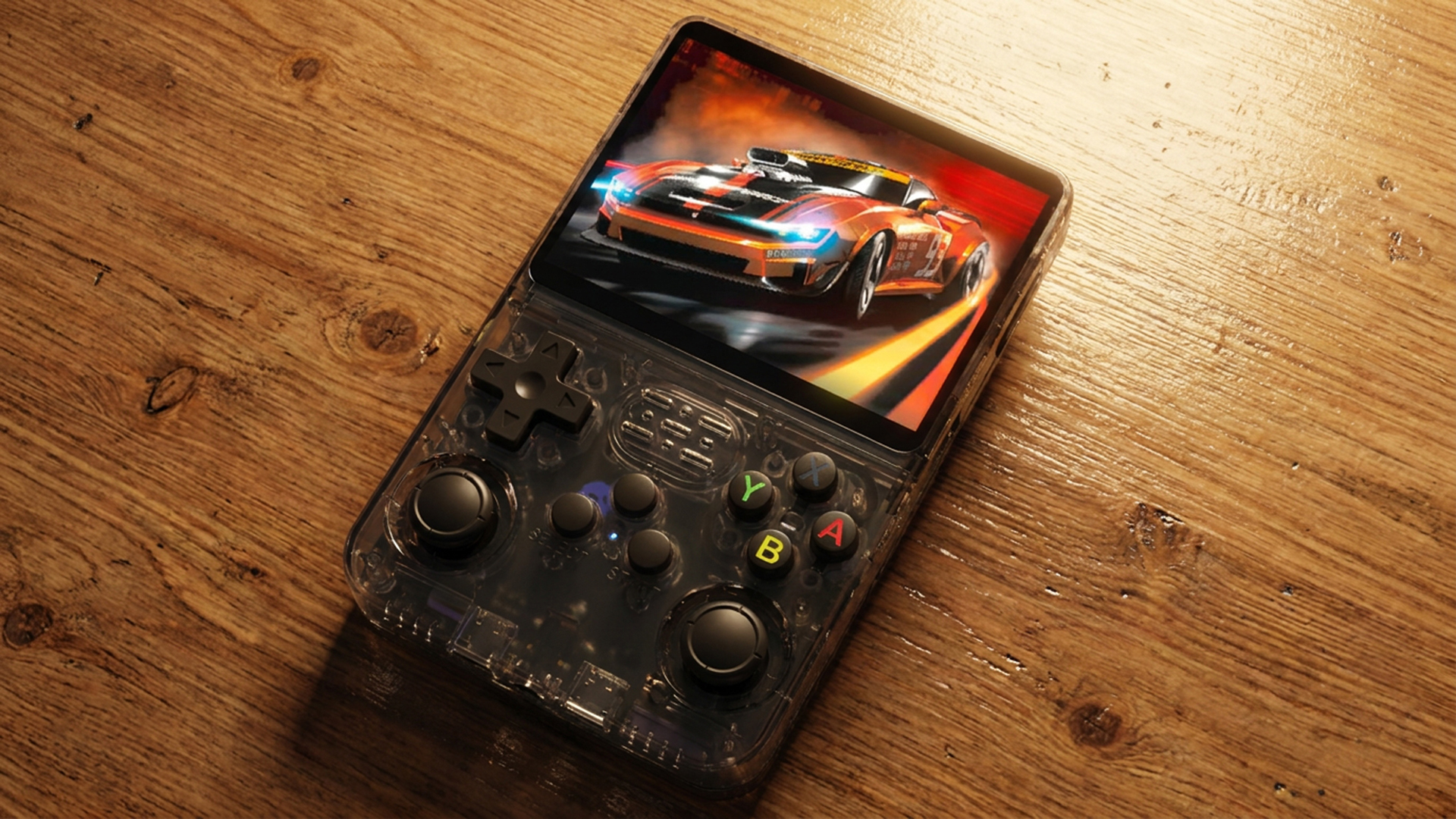 R36S retro gaming handheld on a wooden desk