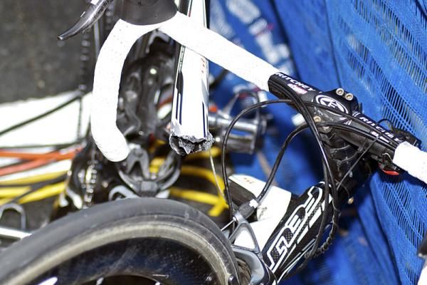 Ouch! One of several bikes destroyed in a crash early in lap three.