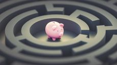 A piggy bank sits in the middle of a circular maze.