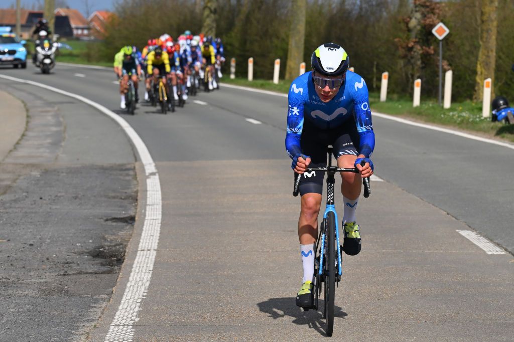 WEVELGEM BELGIUM MARCH 24 Johan Jacobs of Switzerland and Movistar Team attacks in the breakaway during the 86th GentWevelgem in Flanders Fields 2024 Mens Elite a 2531km one day race from Ieper to Wevelgem UCIWT on March 24 2024 in Wevelgem Belgium Photo by Tim de WaeleGetty Images