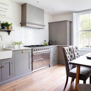 white and grey themed kitchen with wooden flooring